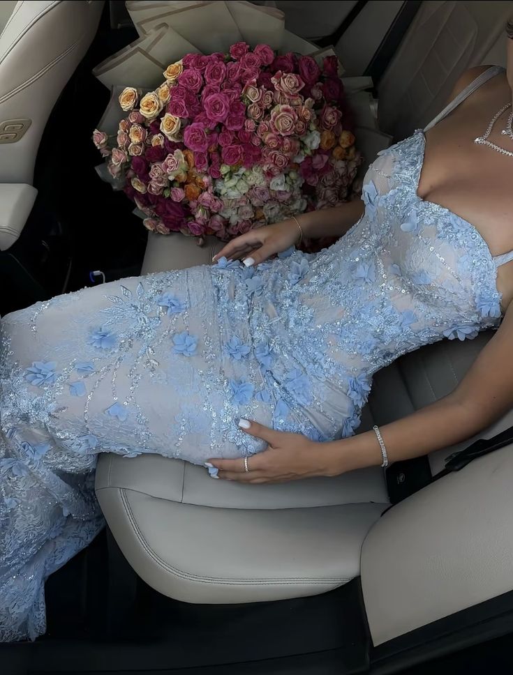 Baby Blue Sheath V Neck Beaded 3D Floral Lace Prom Dress Main image