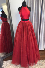 Back Two Piece Halter Sparkle Lace-Up Red Long Prom Dress