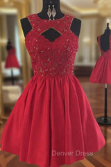 Backless Beaded Lace Red Satin Homecoming Dresses Short Prom Gowns