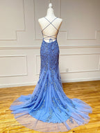 Backless Blue Lace Mermaid Prom Dress, Open Back Lace Mermaid Prom Dresses