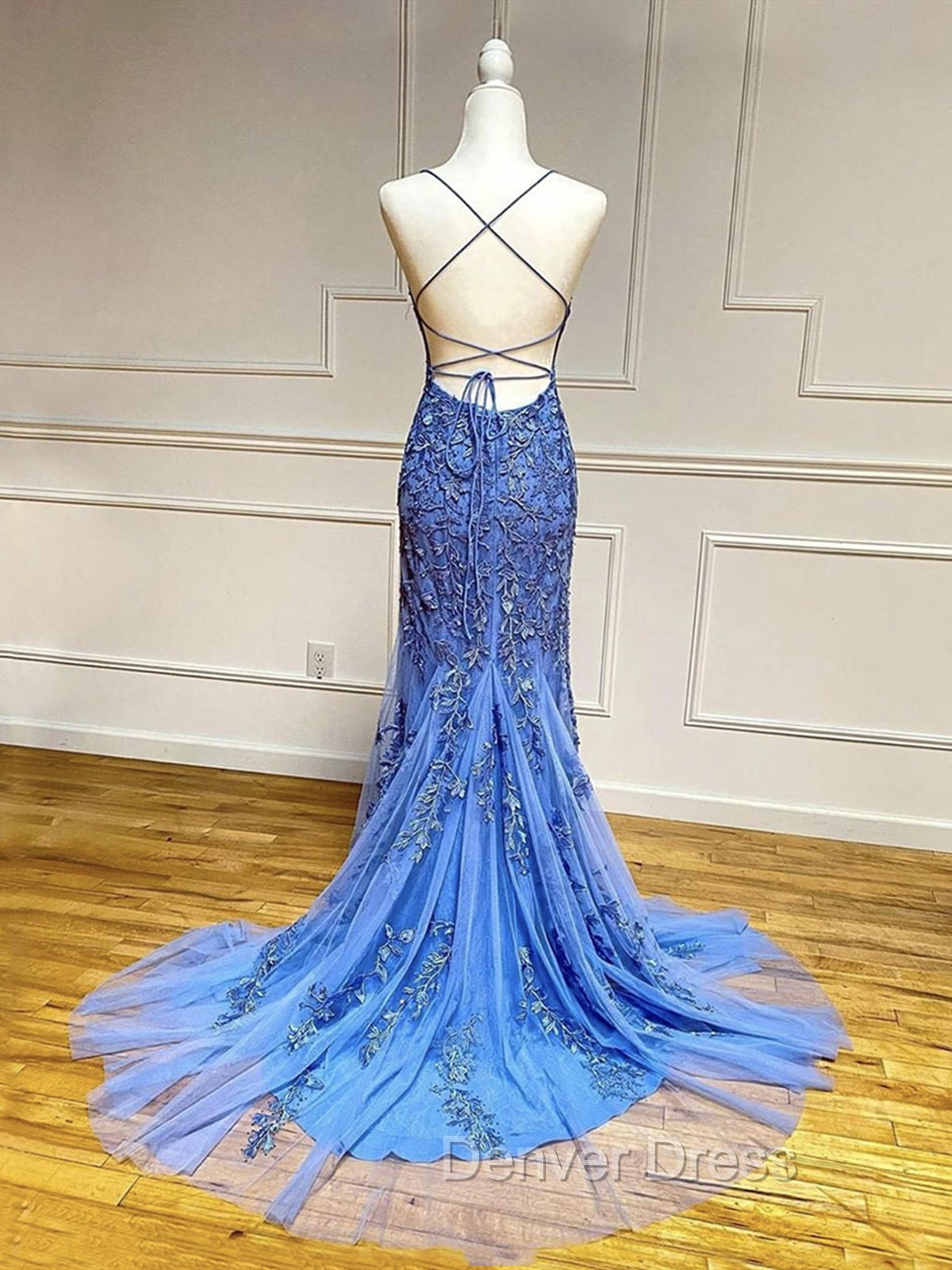 Backless Blue Lace Prom Dresses, Open Back Blue Lace Formal Graduation Dresses
