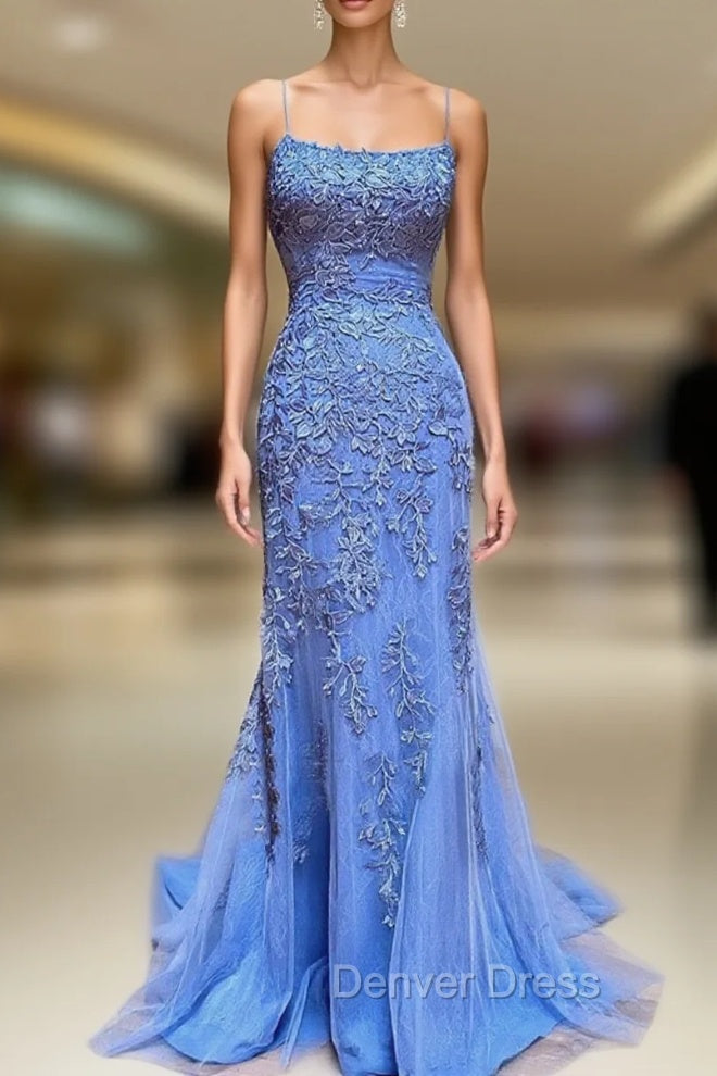 Backless Blue Lace Prom Dresses, Open Back Blue Lace Formal Graduation Dresses Main image