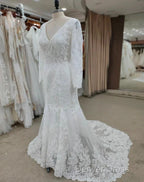 Backless Bohemian Simple V-Neck Long Sleeve Lace Wedding Dresses With Train