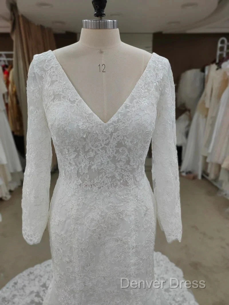Backless Bohemian Simple V Neck Long Sleeve Lace Wedding Dresses With Train