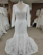 Backless Bohemian Simple V-Neck Long Sleeve Lace Wedding Dresses With Train