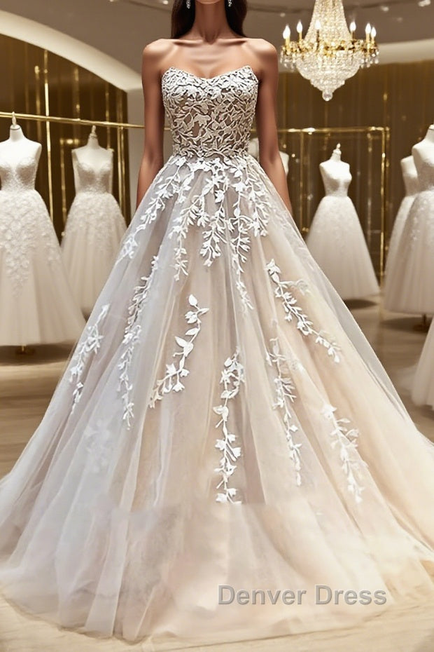 Backless Champagne Lace Wedding Dress, Backless Champagne Lace Prom Dresses