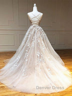 Backless Champagne Lace Wedding Dress, Backless Champagne Lace Prom Dresses