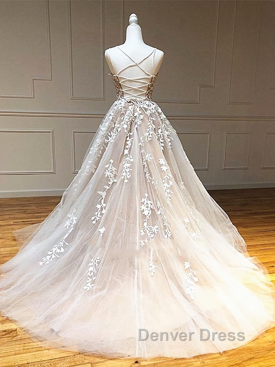 Backless Champagne Lace Wedding Dress, Backless Champagne Lace Prom Dresses