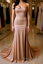 Backless Champagne Long Prom Dress with High Slit, Long Champagne Prom Graduation Prom Dresses