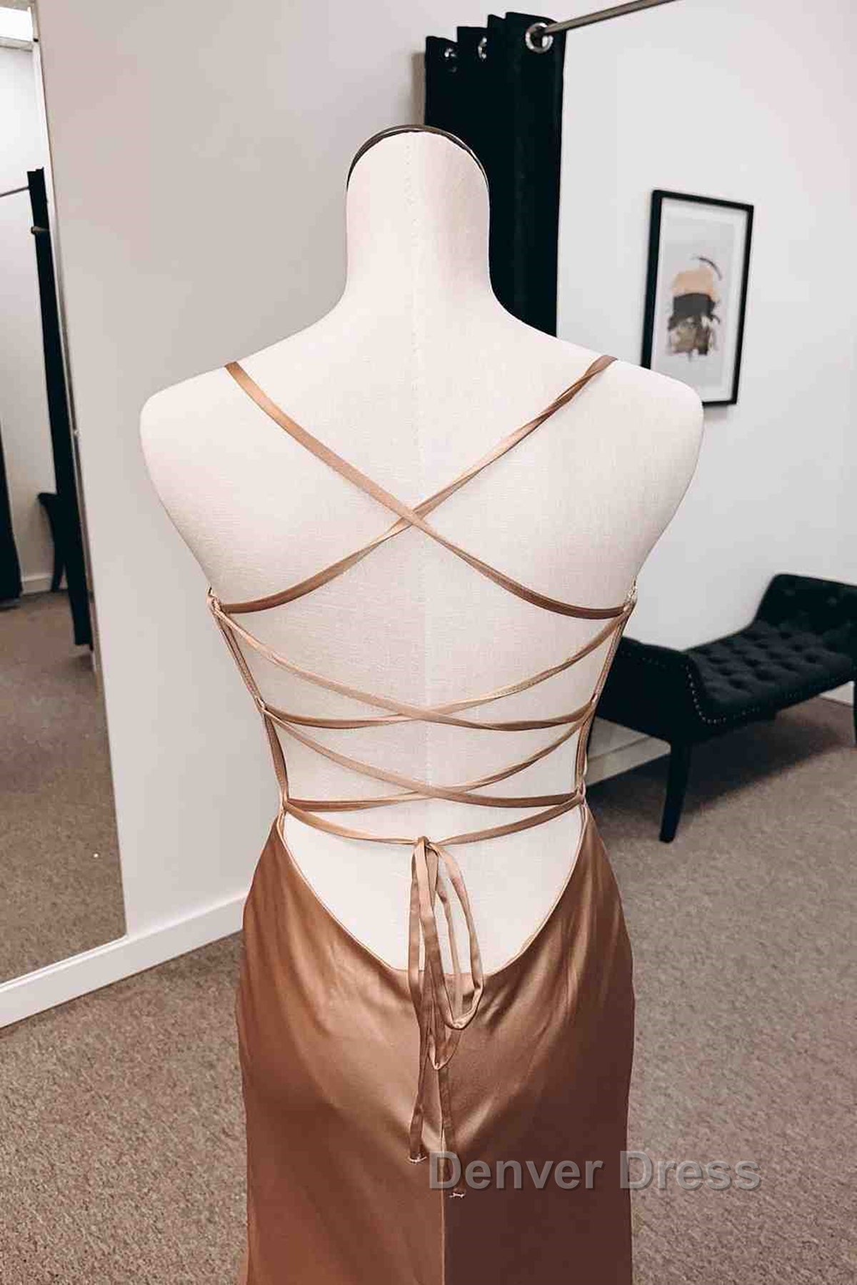 Backless Champagne Long Prom Dress with High Slit, Long Champagne Prom Graduation Prom Dresses Secondary image
