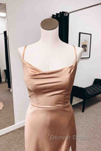 Backless Champagne Long Prom Dress with High Slit, Long Champagne Prom Graduation Prom Dresses