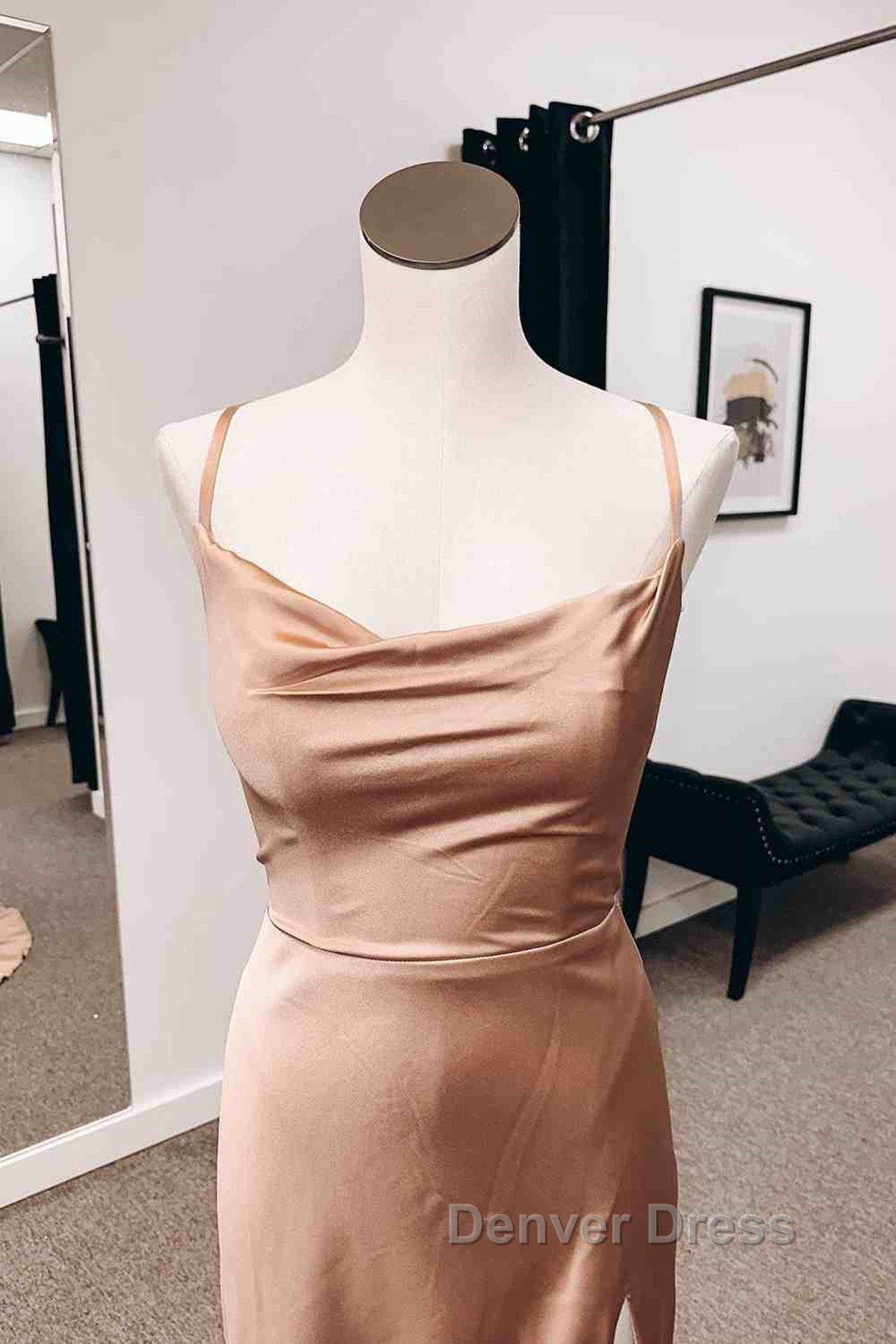 Backless Champagne Long Prom Dress with High Slit, Long Champagne Prom Graduation Prom Dresses