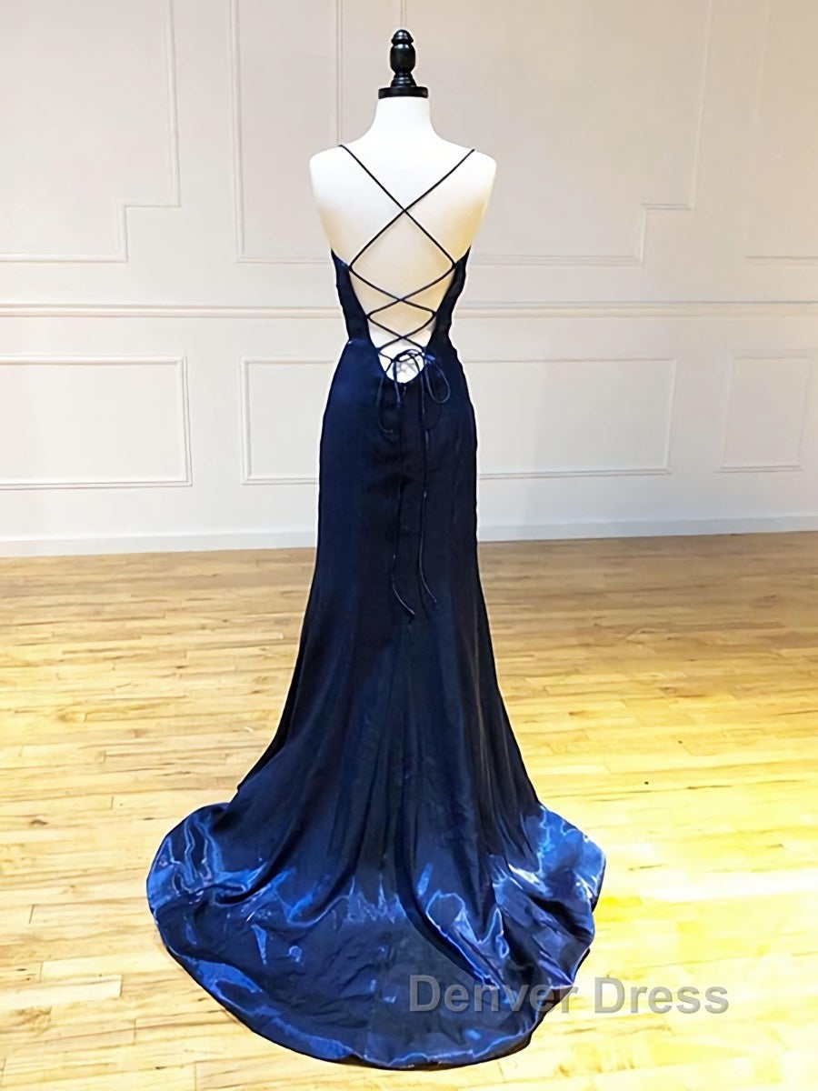 Backless Dark Navy Blue Long Prom Dress, Dark Navy Blue Prom Graduation Prom Dresses