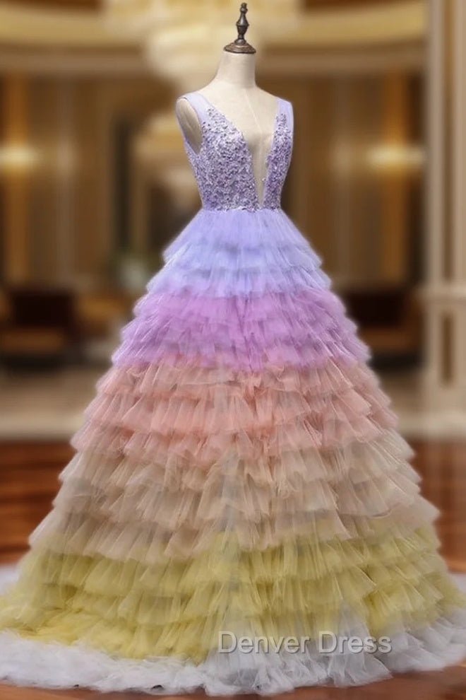 Backless Deep V neck Tulle Multicolor Sleeveless Wedding Dresses Main image