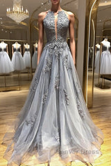 Backless Gray Lace Prom Dresses, Backless Gray Lace Formal Evening Graduation Dresses