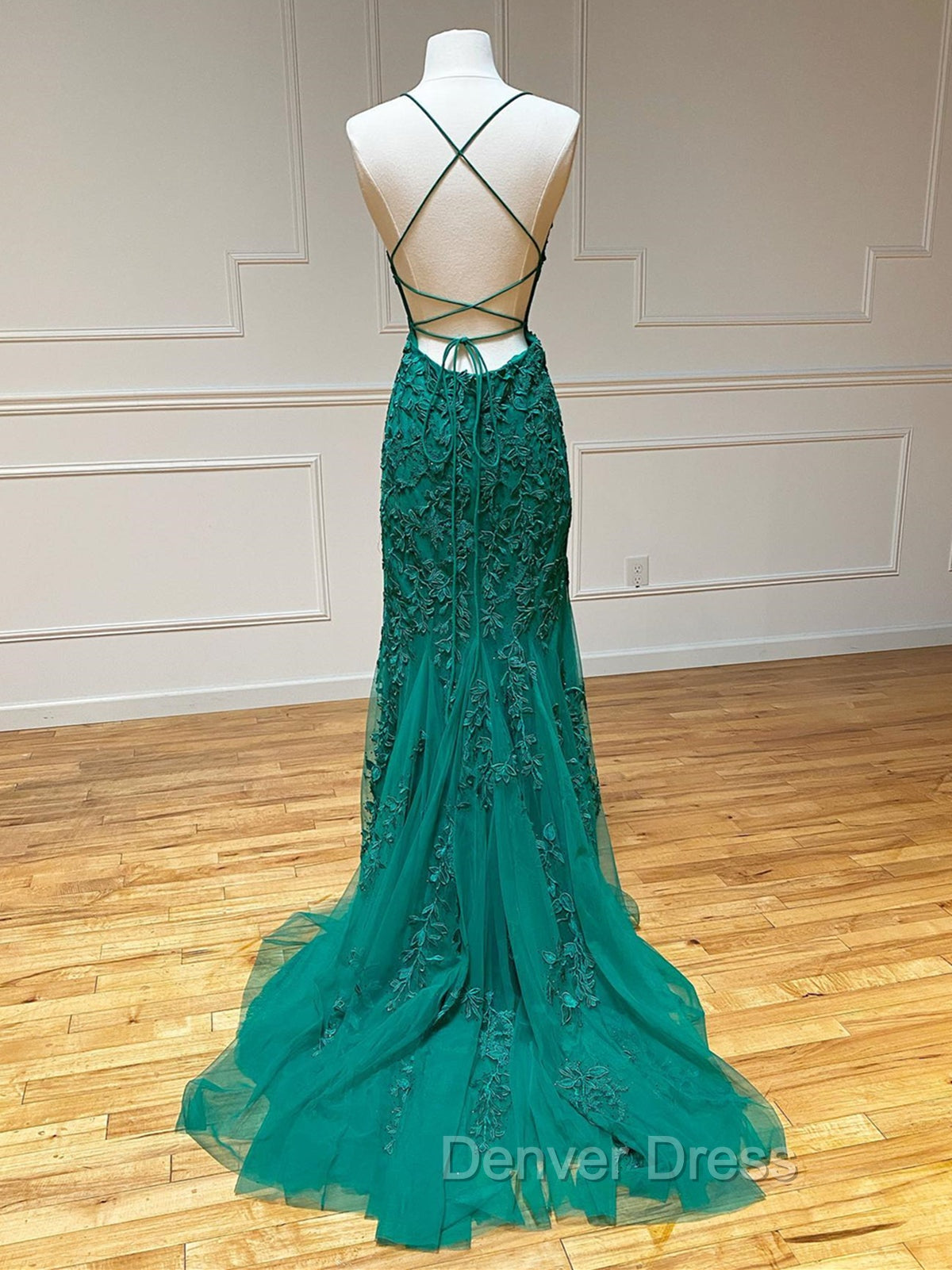 Backless Green Mermaid Lace Prom Dresses, Open Back Green Lace Mermaid Formal Evening Dresses Secondary image