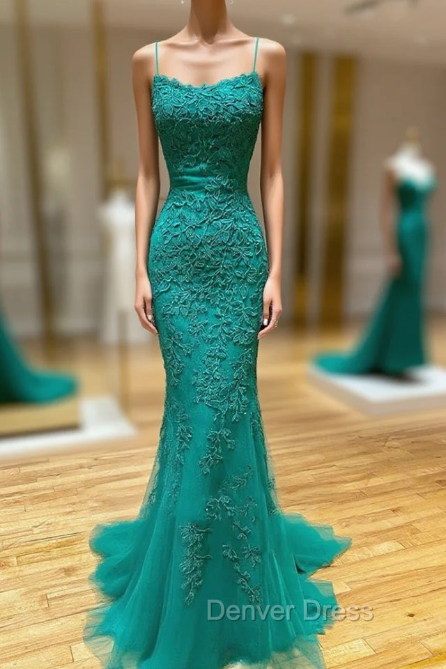 Backless Green Mermaid Lace Prom Dresses, Open Back Green Lace Mermaid Formal Evening Dresses