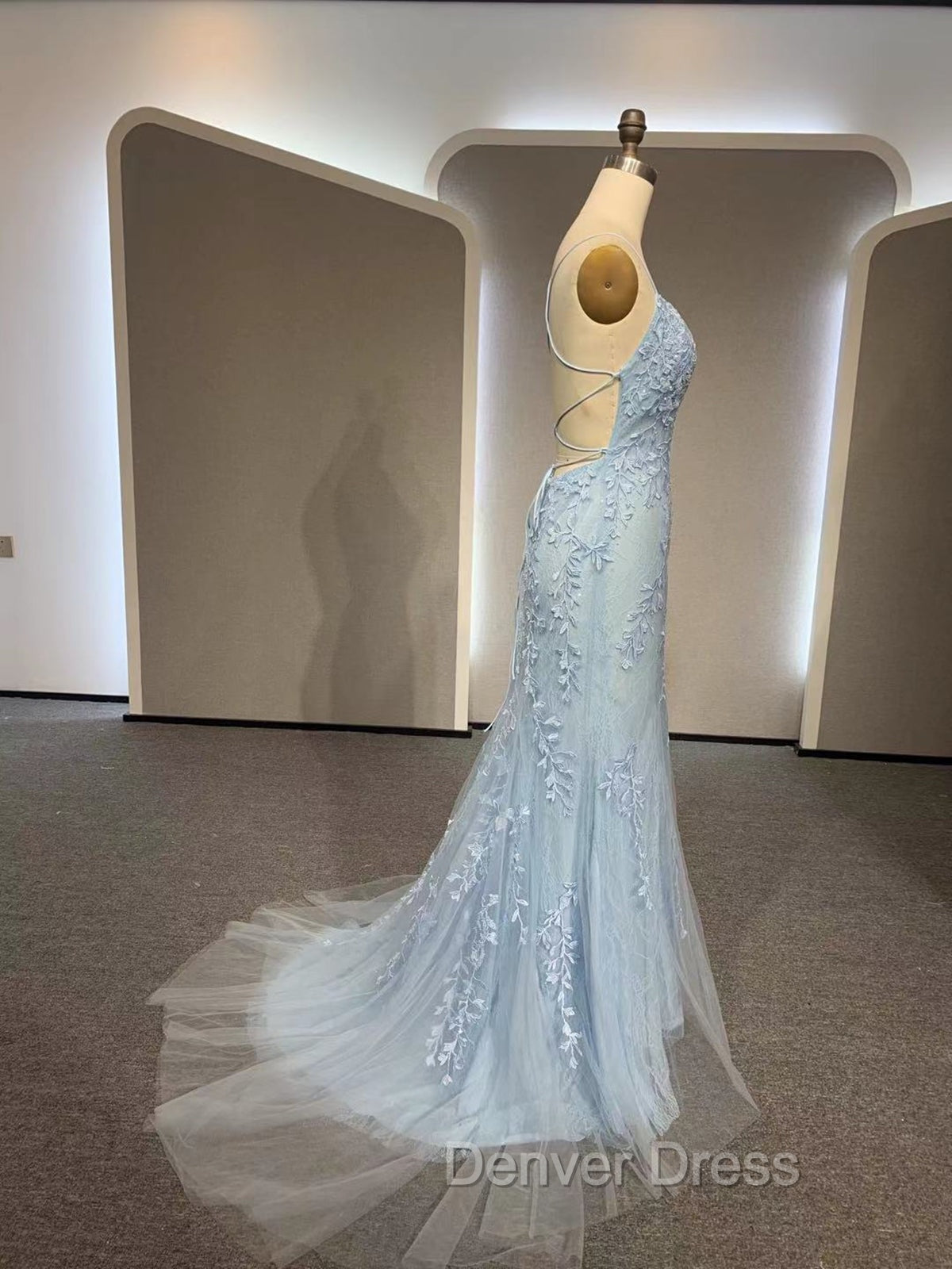 Backless Light Blue Lace Prom Dresses, Open Back Light Blue Lace Formal Evening Dresses Secondary image