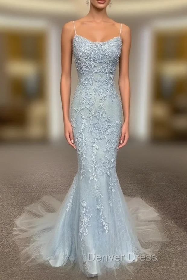 Backless Light Blue Lace Prom Dresses, Open Back Light Blue Lace Formal Evening Dresses Main image