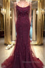 Backless Mermaid Beaded Maroon Lace Long Prom Dress, Backless Burgundy Lace Prom Dress, Burgundy Tulle Prom Dresses