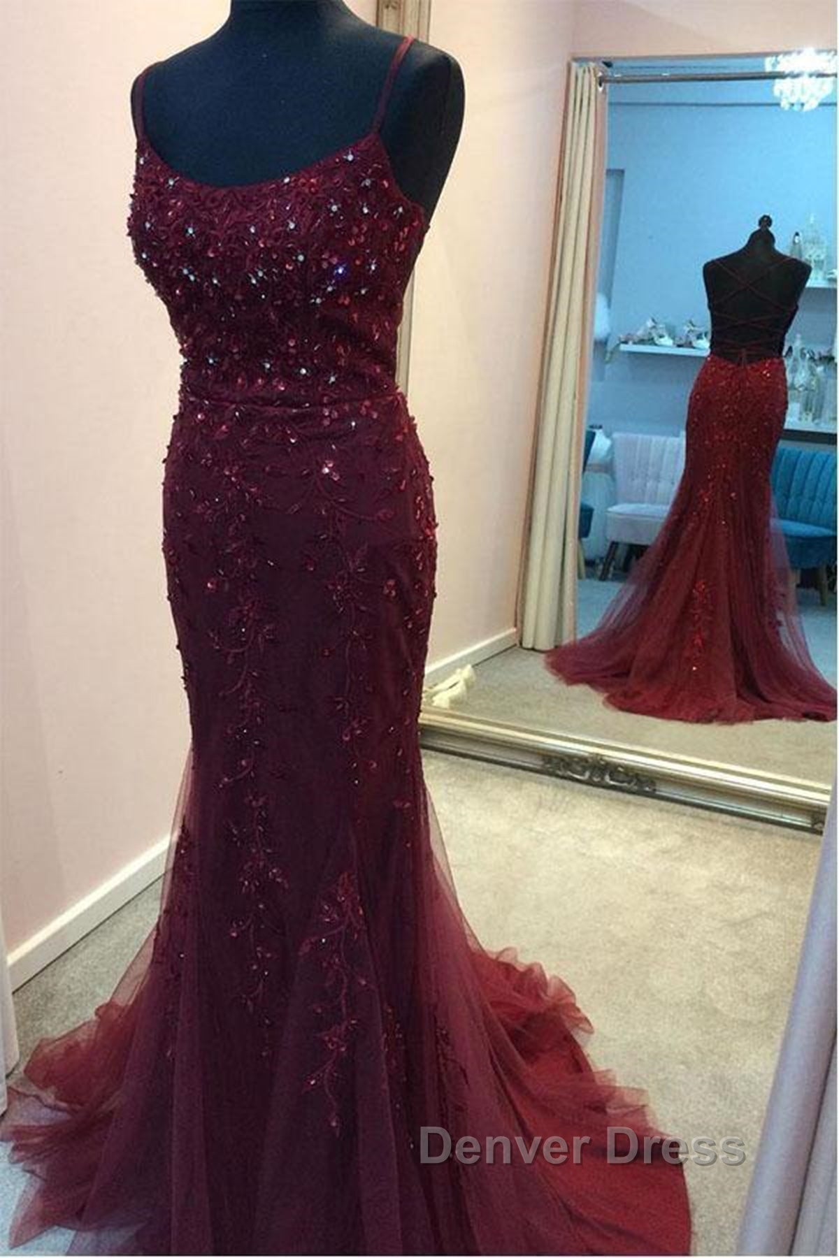 Backless Mermaid Beaded Maroon Lace Long Prom Dress, Backless Burgundy Lace Prom Dress, Burgundy Tulle Prom Dresses Secondary image