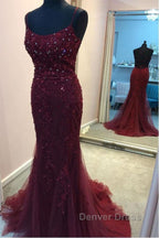 Backless Mermaid Beaded Maroon Lace Long Prom Dress, Backless Burgundy Lace Prom Dress, Burgundy Tulle Prom Dresses