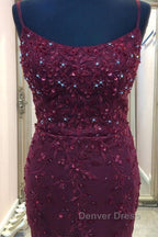 Backless Mermaid Beaded Maroon Lace Long Prom Dress, Backless Burgundy Lace Prom Dress, Burgundy Tulle Prom Dresses