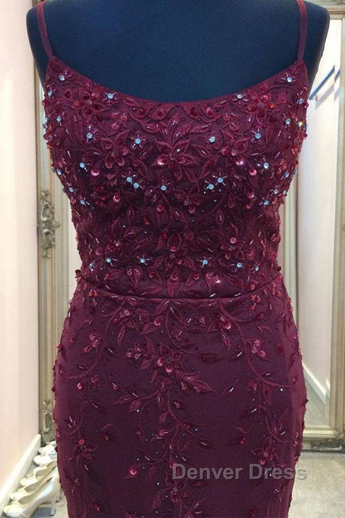 Backless Mermaid Beaded Maroon Lace Long Prom Dress, Backless Burgundy Lace Prom Dress, Burgundy Tulle Prom Dresses