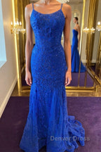 Backless Mermaid Blue Lace Tulle Long Prom Dress, Mermaid Blue Prom Dress, Blue Lace Prom Dresses