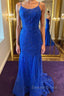 Backless Mermaid Blue Lace Tulle Long Prom Dress, Mermaid Blue Prom Dress, Blue Lace Prom Dresses