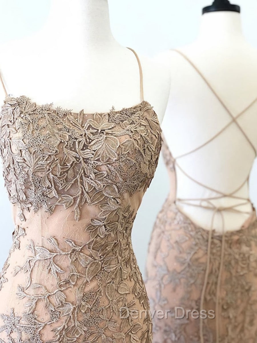 Backless Mermaid Champagne Lace Prom Dresses, Champagne Backless Mermaid Lace Formal Dresses