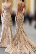 Backless Mermaid Champagne Lace Prom Dresses, Champagne Backless Mermaid Lace Formal Dresses