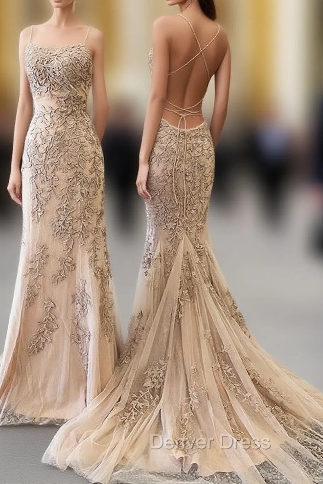 Backless Mermaid Champagne Lace Prom Dresses, Champagne Backless Mermaid Lace Formal Dresses