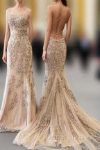 Backless Mermaid Champagne Lace Prom Dress, Champagne Backless Mermaid Lace Prom Dresses