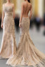 Backless Mermaid Champagne Lace Prom Dress, Champagne Backless Mermaid Lace Prom Dresses