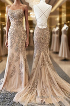 Backless Mermaid Champagne Lace Prom Dress, Champagne Backless Mermaid Lace Prom Dresses