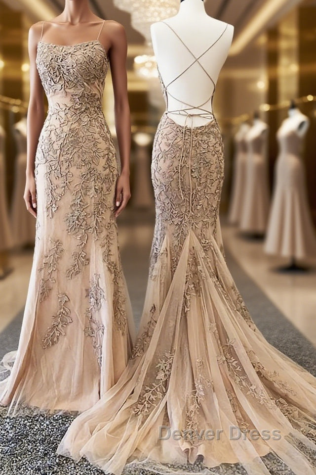 Backless Mermaid Champagne Lace Prom Dress, Champagne Backless Mermaid Lace Prom Dresses