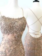 Backless Mermaid Champagne Lace Prom Dress, Champagne Backless Mermaid Lace Prom Dresses