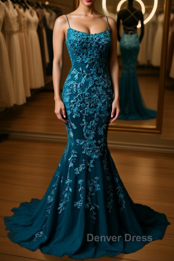 Backless Mermaid Dark Teal Lace Long Prom Dress, Mermaid Teal Lace Long Prom Dresses