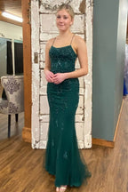 Backless Mermaid Green Lace Long Prom Dresses Green Lace Formal Dresses