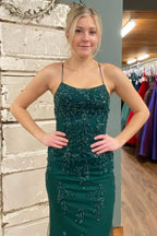 Backless Mermaid Green Lace Long Prom Dresses Green Lace Formal Dresses