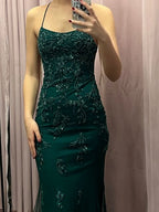 Backless Mermaid Green Lace Long Prom Dresses Green Lace Formal Dresses