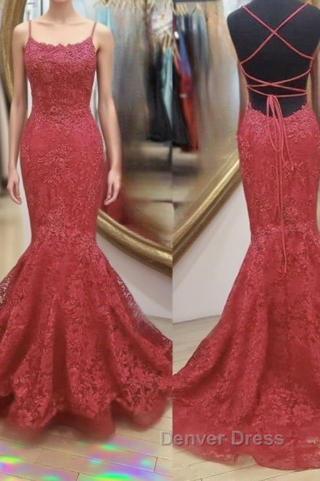 Backless Mermaid Red Lace Long Prom Dress, Mermaid Red Lace Prom Dress, Red Lace Prom Dresses