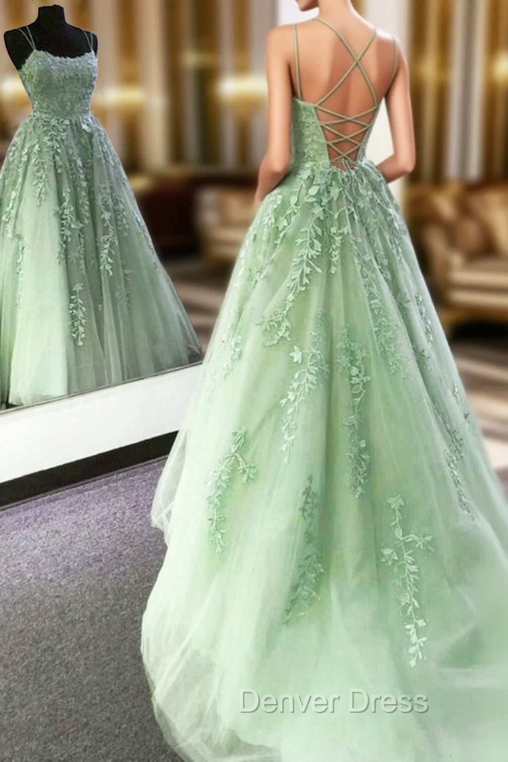 Backless Mint Green Lace Prom Dresses, Mint Green Open Back Lace Formal Evening Dresses Main image
