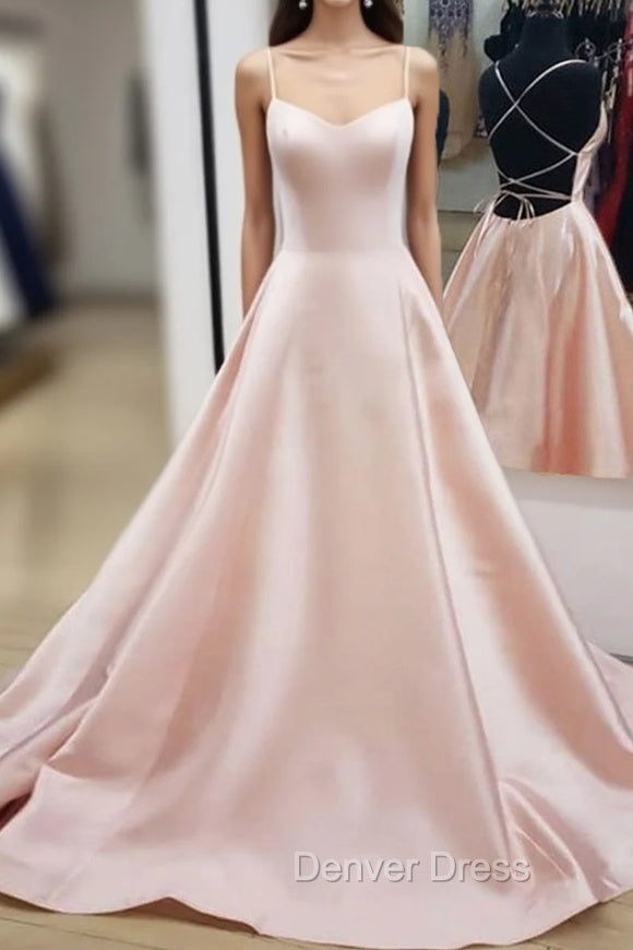 Backless Pink Satin Long Prom Dresses, Open Back Pink Satin Formal Graduation Dresses Main image