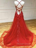 Backless Red Lace Prom Dresses, Open Back Red Lace Formal Evening Dresses