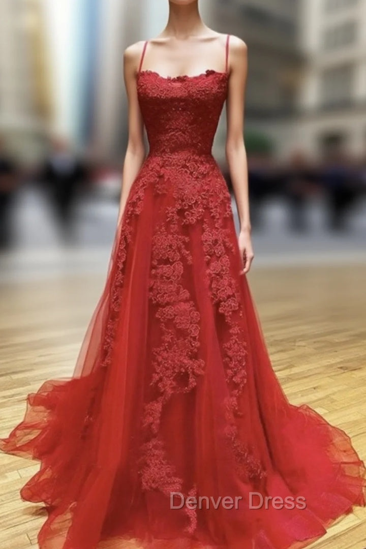 Backless Red Lace Prom Dresses, Open Back Red Lace Formal Evening Dresses Main image