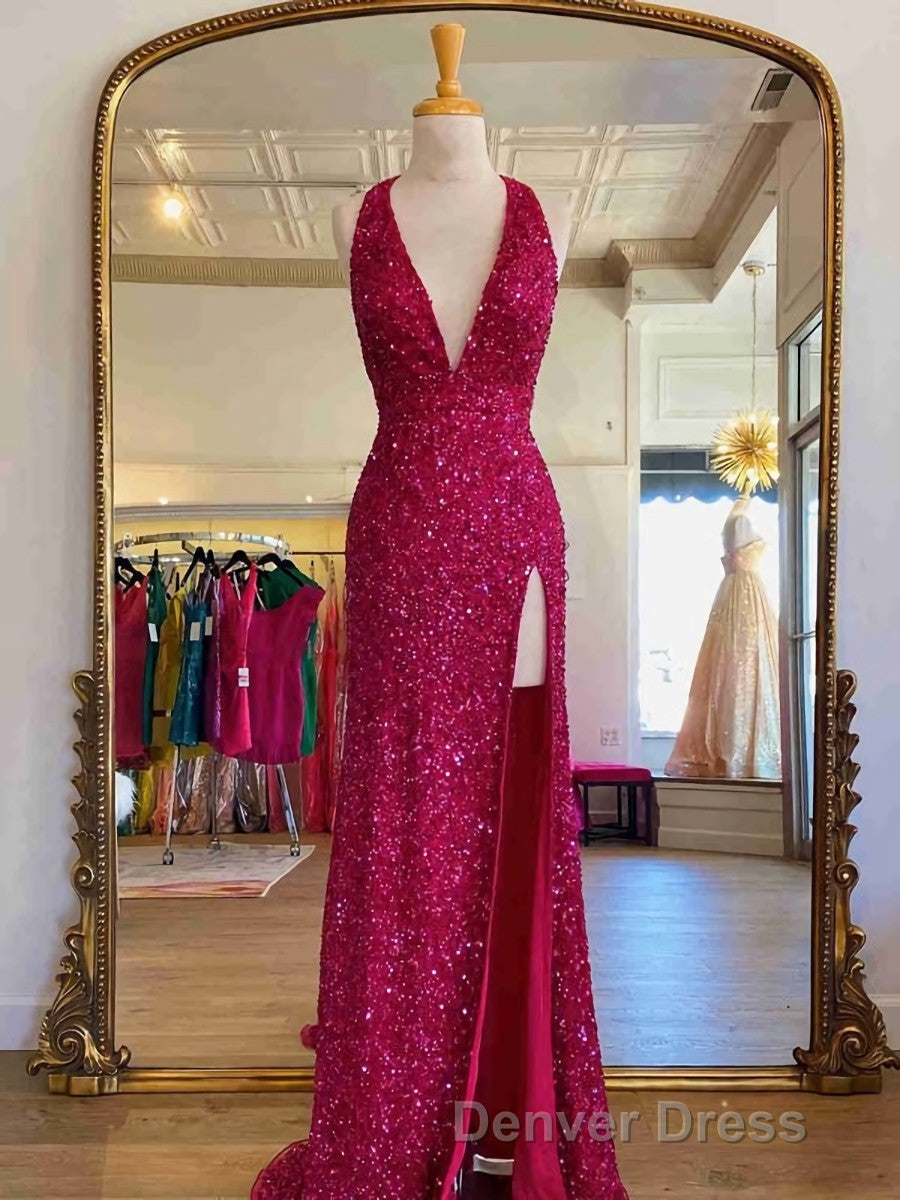 Backless Royal Blue Sequin Prom Gowns with Slit,Prom Dresses with Sequins