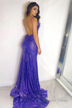 Backless Sequins Mermaid Prom Dresses with Slit