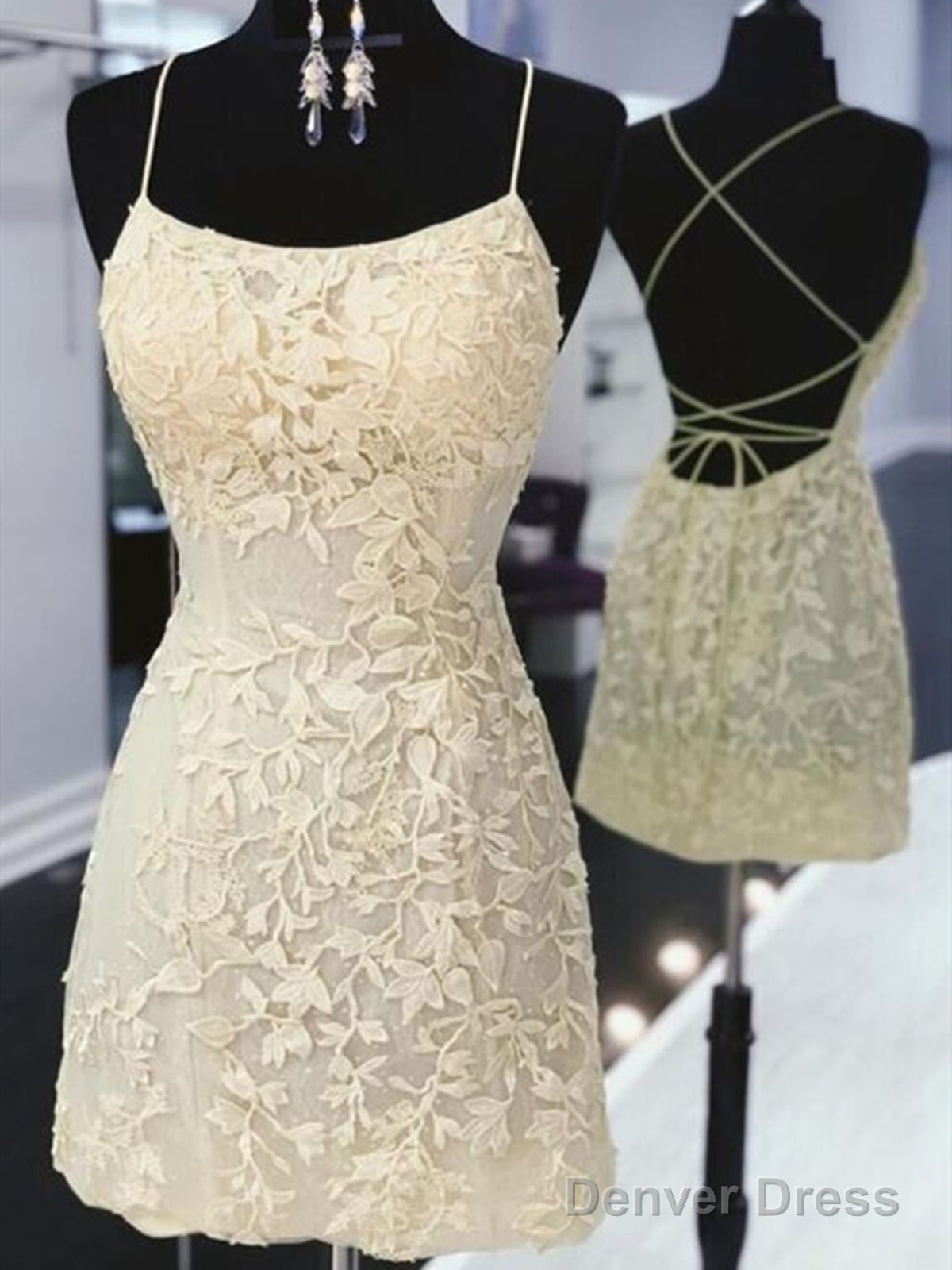 Backless Short Yellow Lace Prom Dress, Short Open Back Lace Prom Homecoming Graduation Dresses Main image